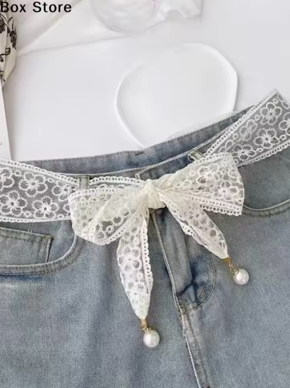 Delicate White Lace Bow Waist Belt with Pearl Drops
